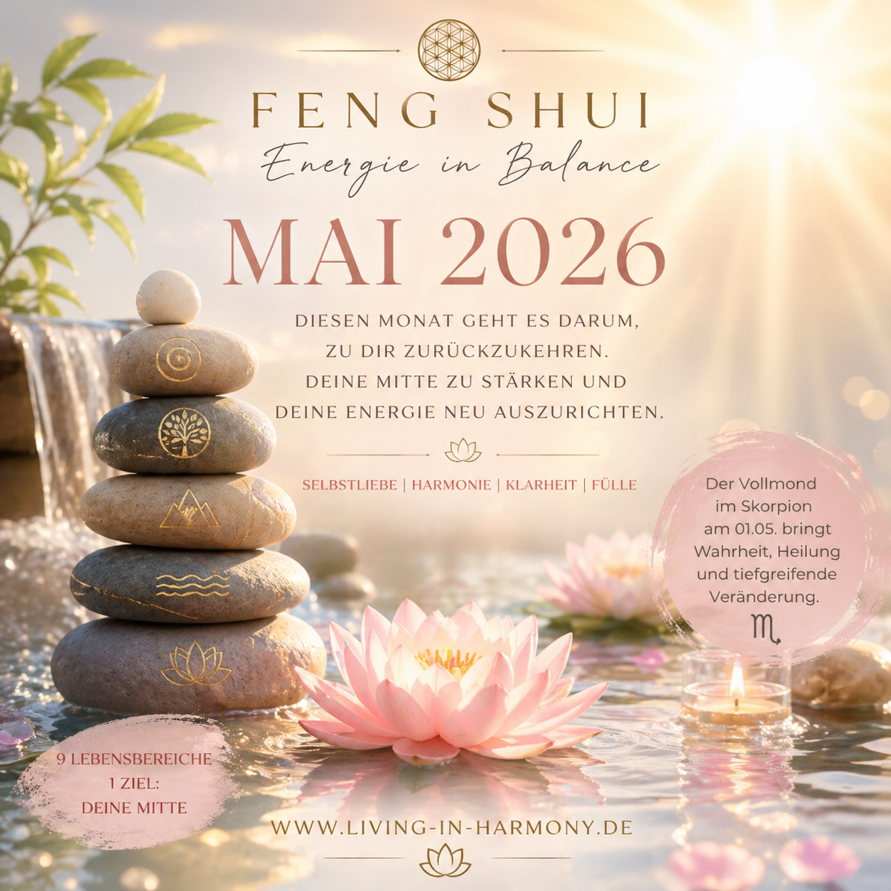 Feng Shui Mai 2026 mit Lotus, Wasser, Steinen und Sonnenlicht